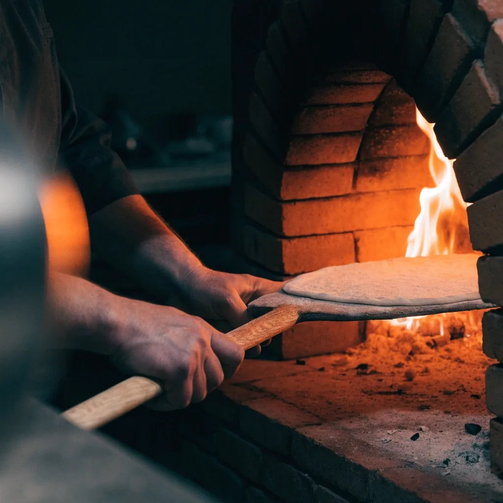 Coal oven mouth glowing while a peel slides a pizza inside