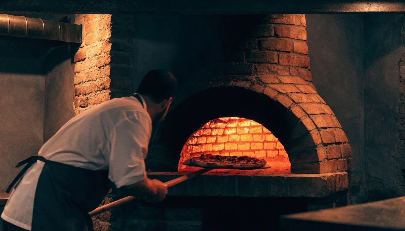 Quiet dining room of Anthony's Coal Fired Pizza at off-hours with a lamp glowing on the counter
