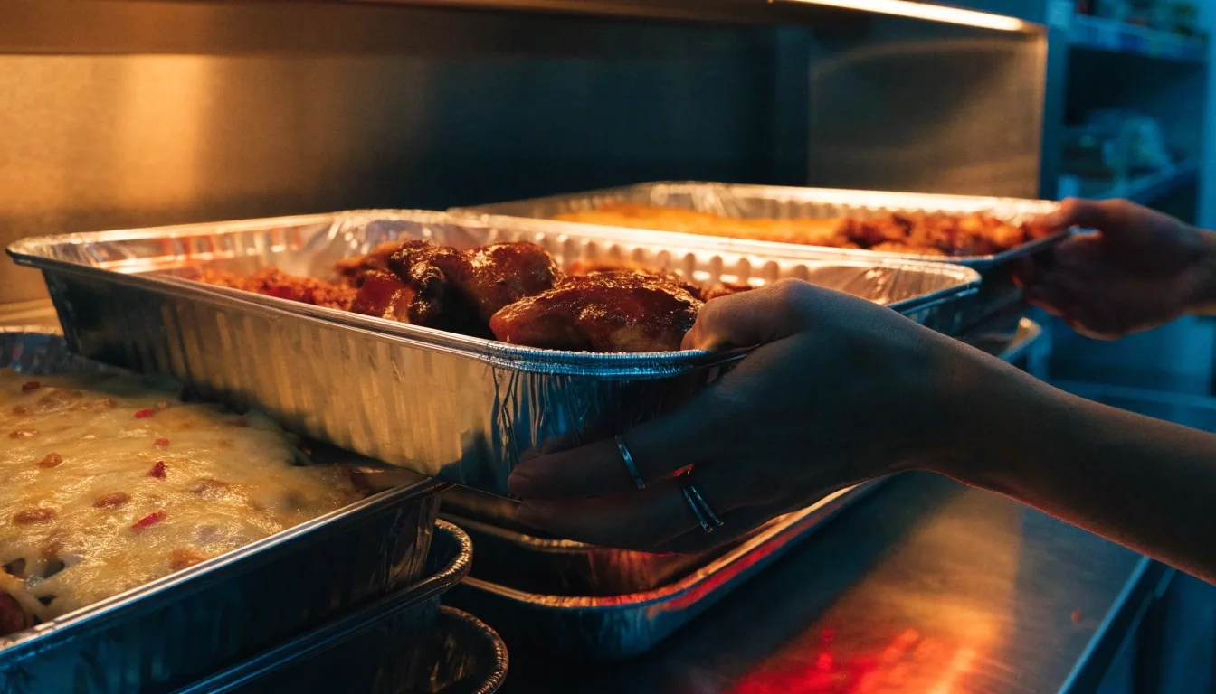 Catering trays of wings and pasta under a warm lamp