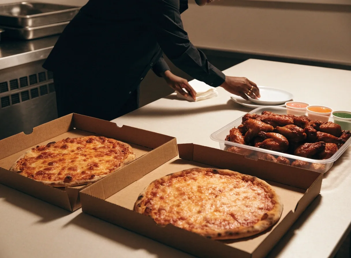 Office catering setup with pizza boxes and wings tray