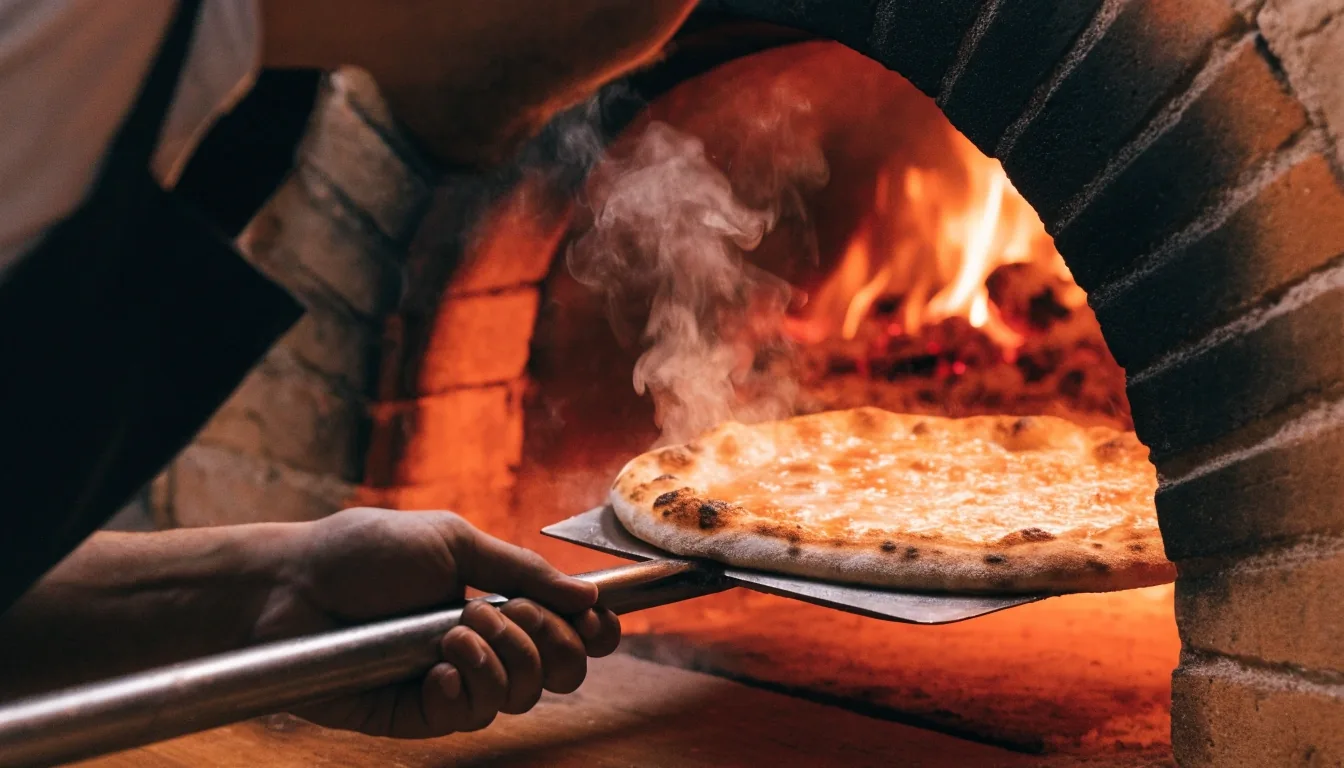 Pizza entering a coal oven at high heat