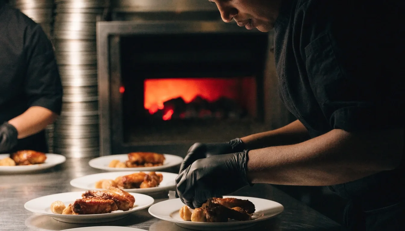 Glow of a coal oven mouth in a dark kitchen