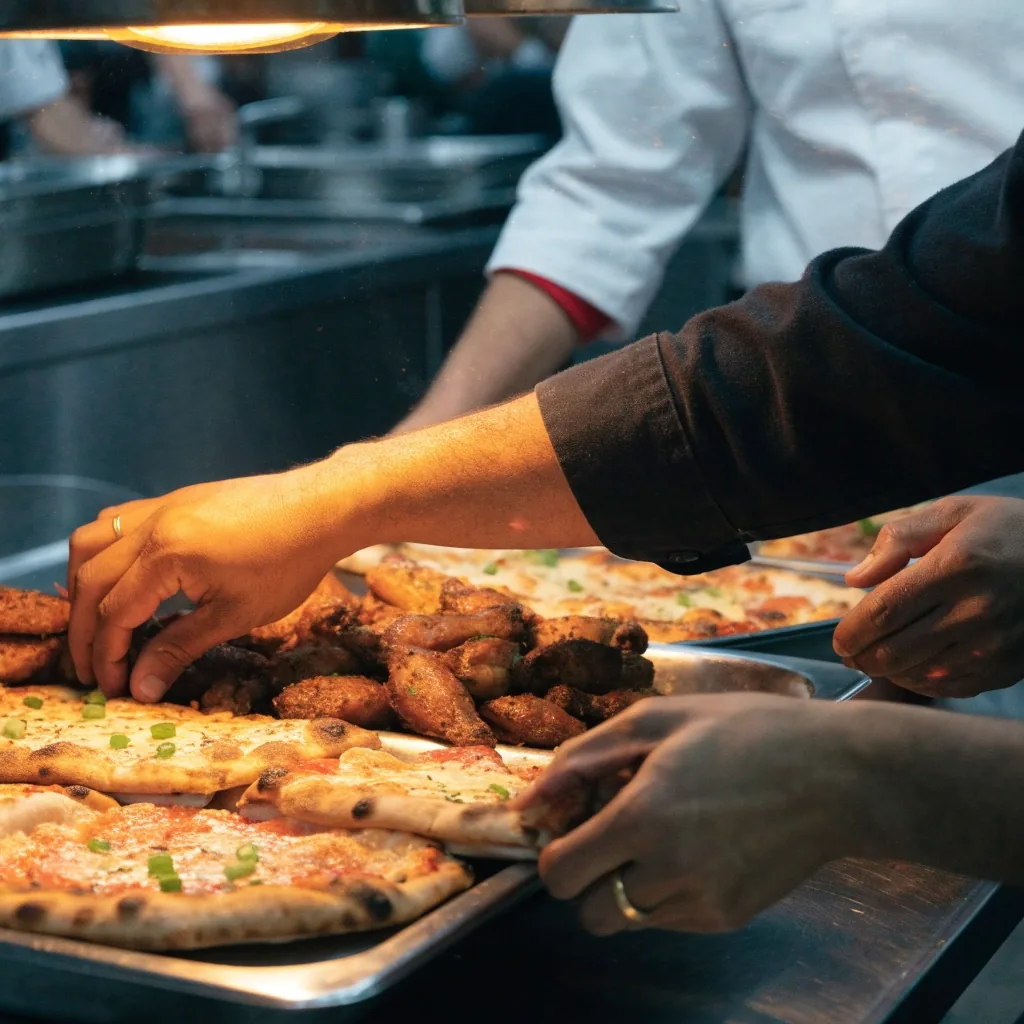 Hands arranging catering trays under a warm lamp
