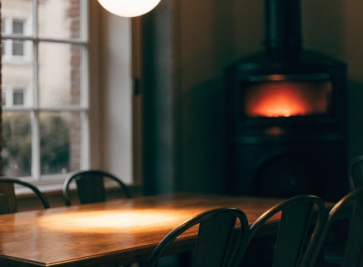 Quiet restaurant counter under a warm lamp