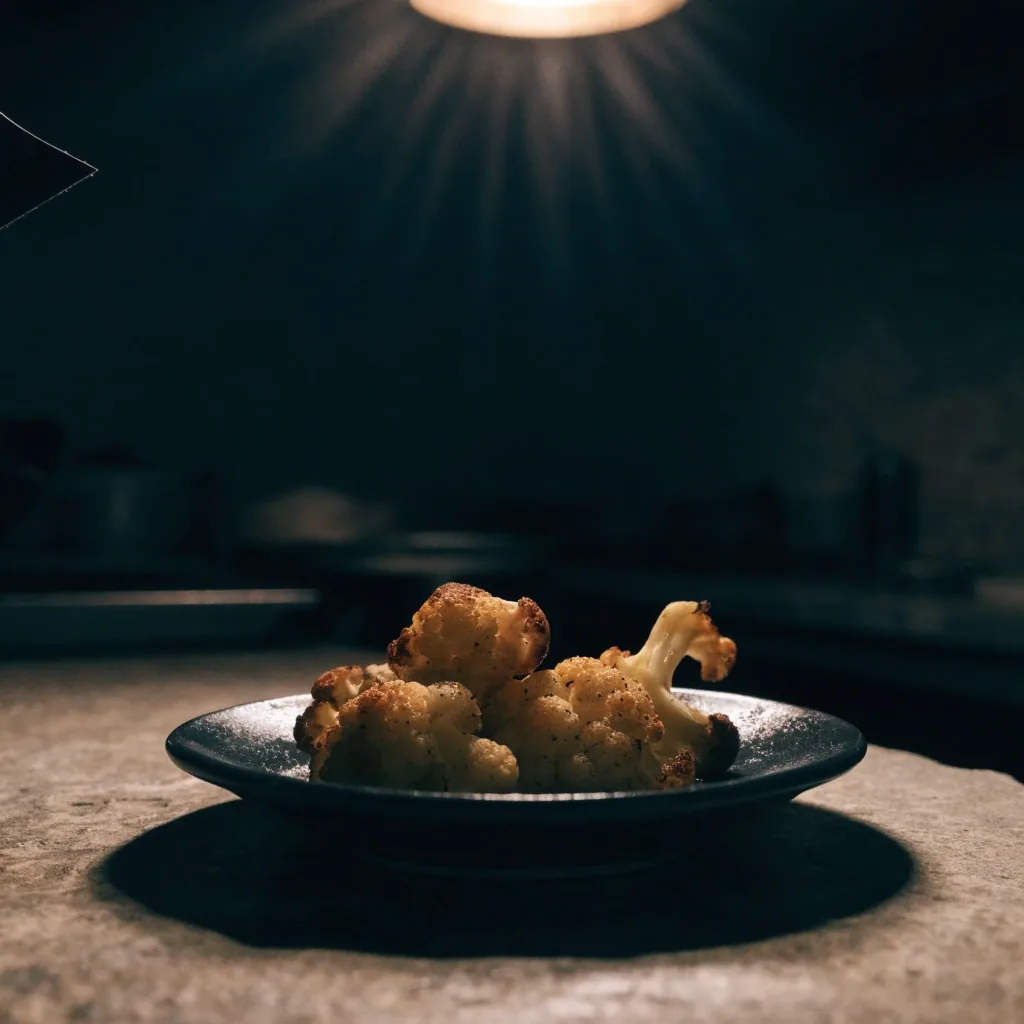 Small plated starter on a dark stone counter under warm light