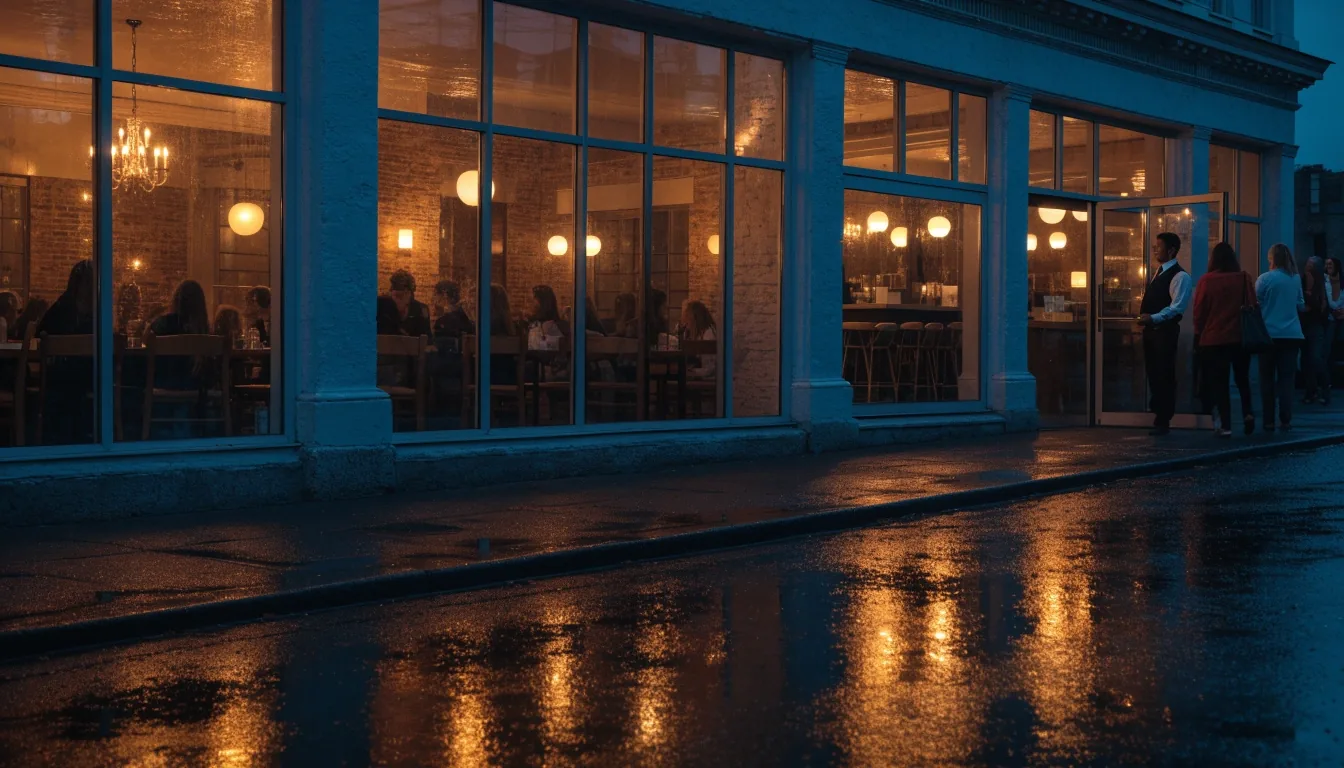 Anthony's Coal Fired Pizza dining room glowing at dusk after rain