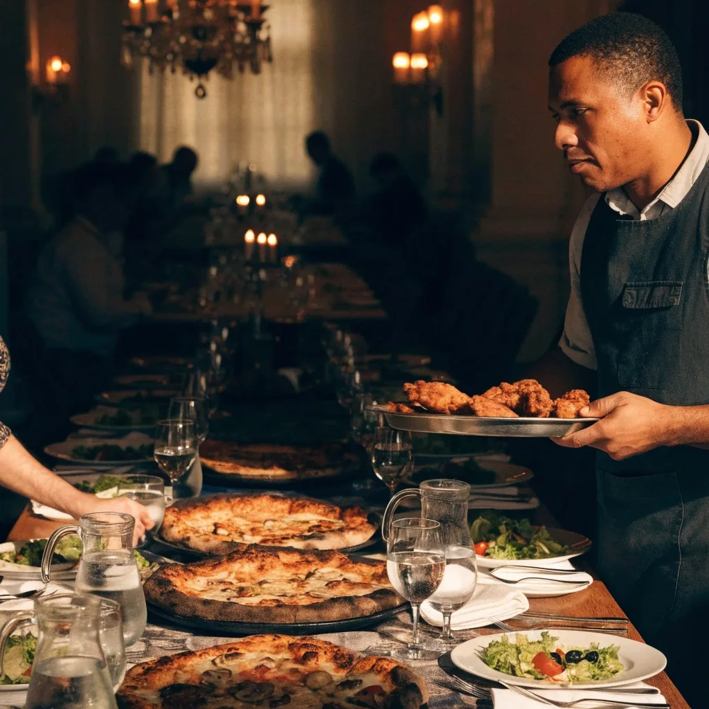 Large group table set with coal-fired pizzas and salads