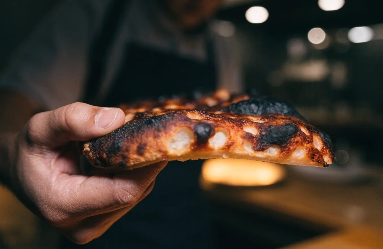 Hand holding a torn edge of charred coal-fired crust