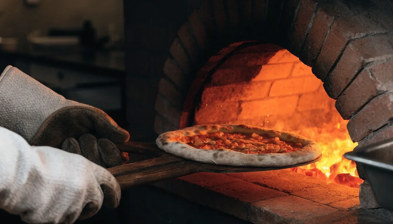 Hands sliding a pizza peel into a glowing coal oven