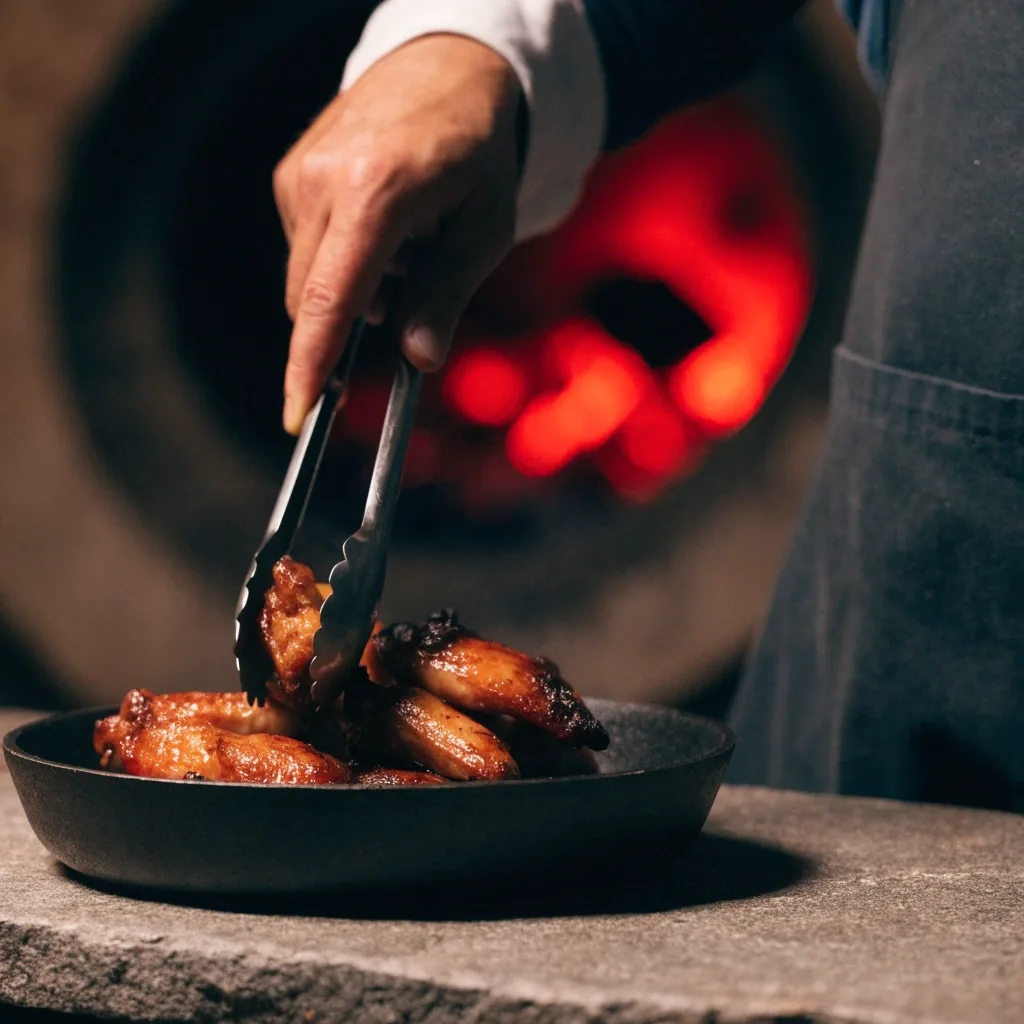 Roasted chicken wings in a dark pan on stone