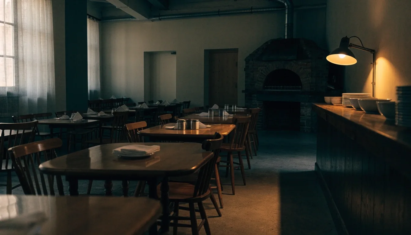 Quiet dining room with empty tables and a single warm lamp pool on the counter